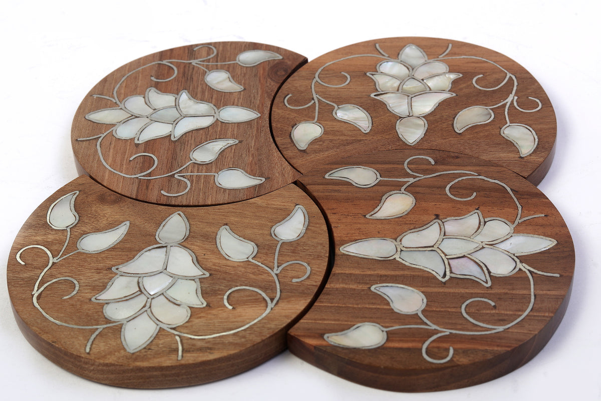 Set Of 4 Coasters Solid Walnut Wood with Inlay Seashell Mother of Pearl