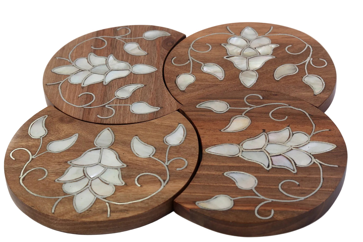 Set Of 4 Coasters Solid Walnut Wood with Inlay Seashell Mother of Pearl