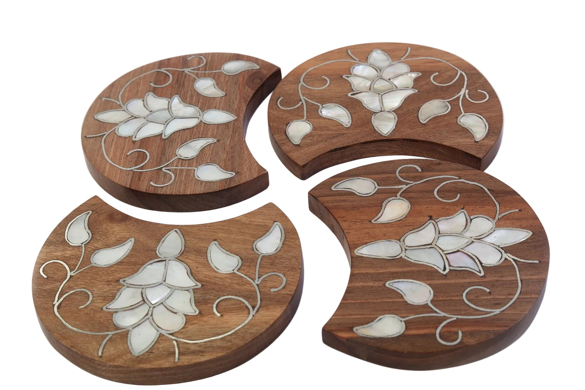 Set Of 4 Coasters Solid Walnut Wood with Inlay Seashell Mother of Pearl