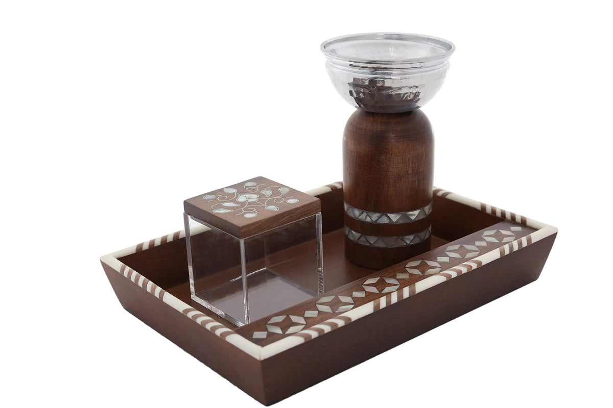 Set Tray (28*20cm) + Mabkhara+ Box (7*7*7cm) Solid Wood with Inlay Seashell Mother of Pearl