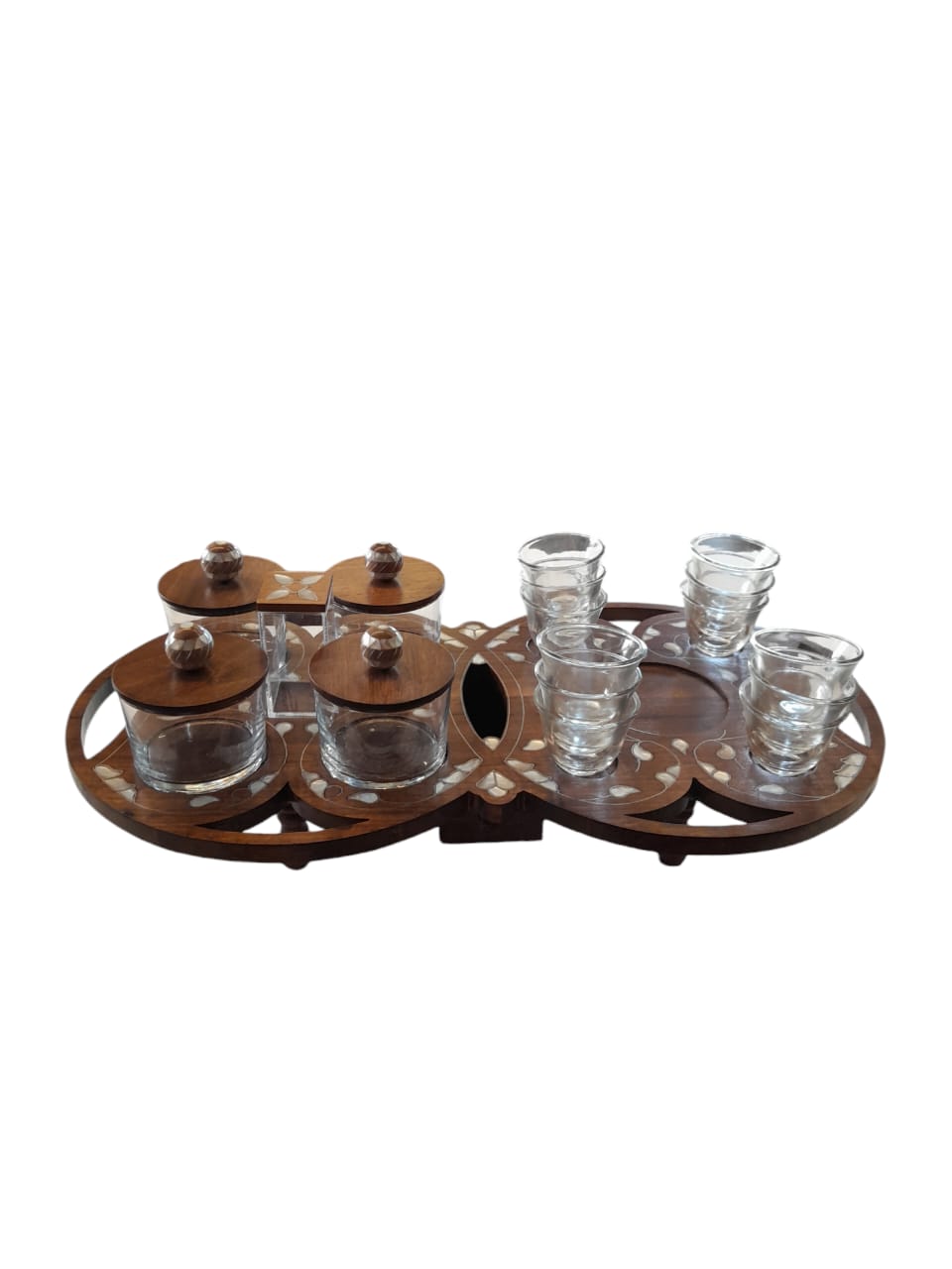 Organizer Tray Coffee Set Round Solid Walnut Wood with inlay Seashell Mother of Pearl and Tin ( 4 Bowls ,12 coffee cups , Tissue Box , Toothpick Box)D52H29cm