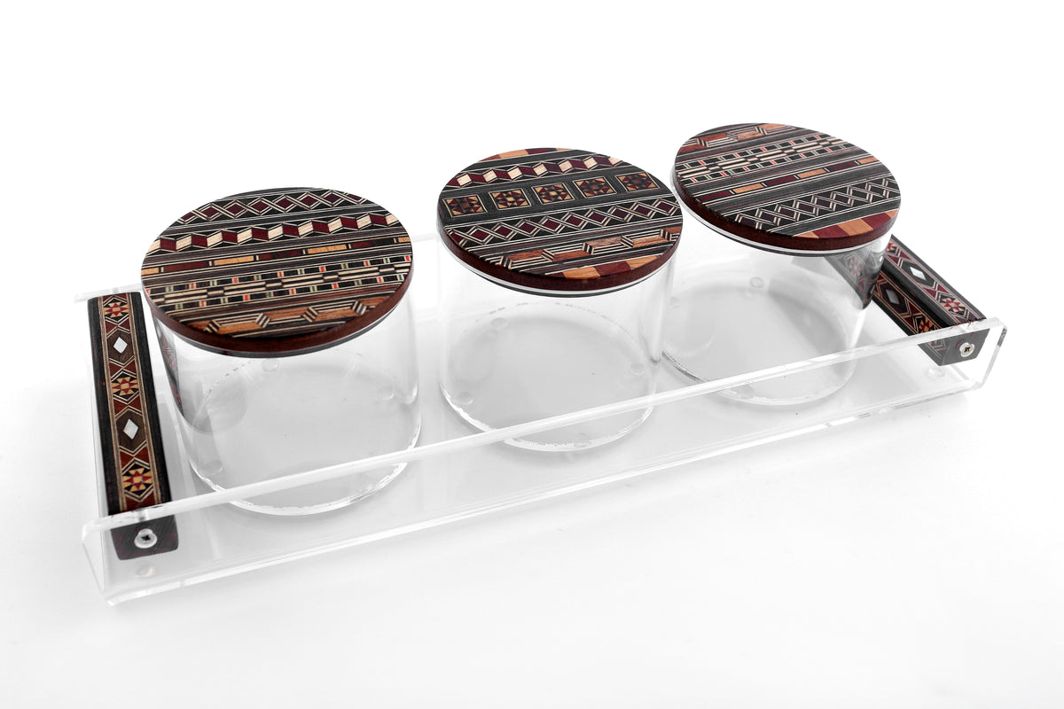 Tray Plexi with Mosaic Handles (47*14cm) with 3 Boxes Plexi + Cover Mosaic