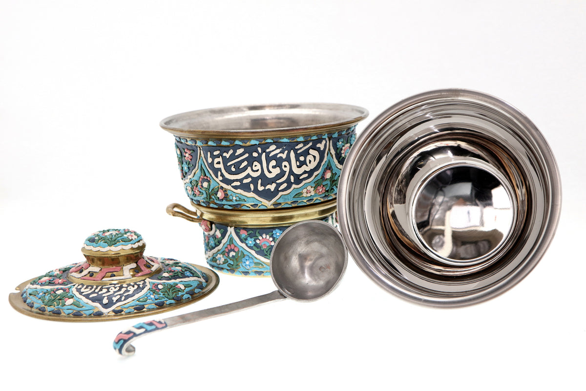 Heater Round with Stainless Steel Insert + Candle Base Brass with Handmade Enamels D17cm (capacity 0,75Liters) and Spoon