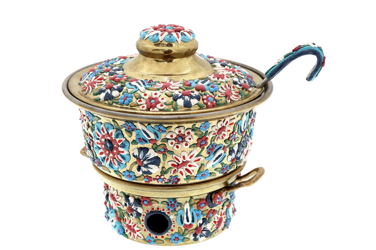 Heater Round with Stainless Steel Insert + Candle Base Brass with Handmade Enamels D17cm (capacity 0,75Liters) and Spoon