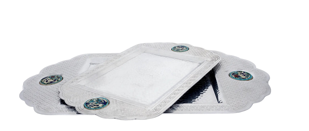 Set 2 Trays Hand Hammered Aluminum + Qishani (28*45cm,34*62cm)