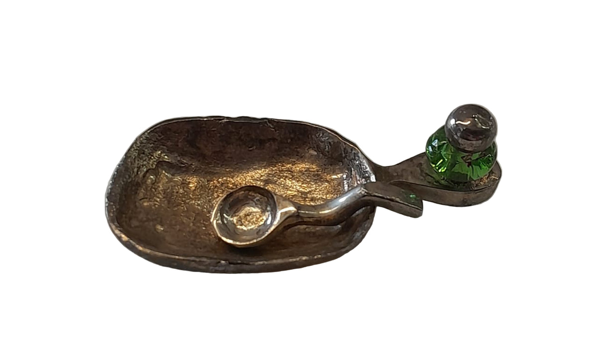 Salt/Pepper Container + Spoon Silver Plated Inlay Hand Blown Glass