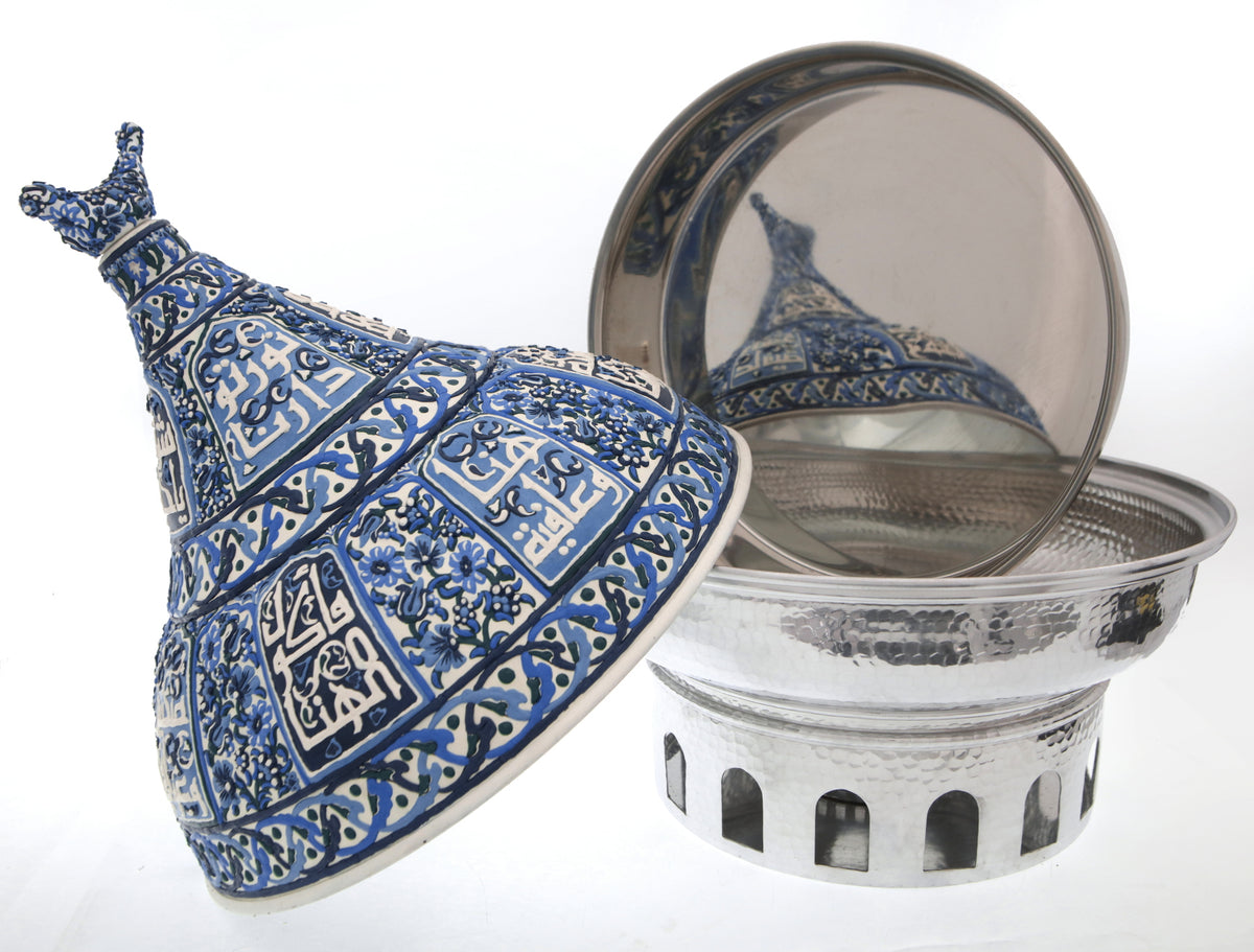 Heater Round Hand Hammered Aluminum with Blue Handmade Enamels with Stainless Steel Insert + Candle base Aluminum Arches