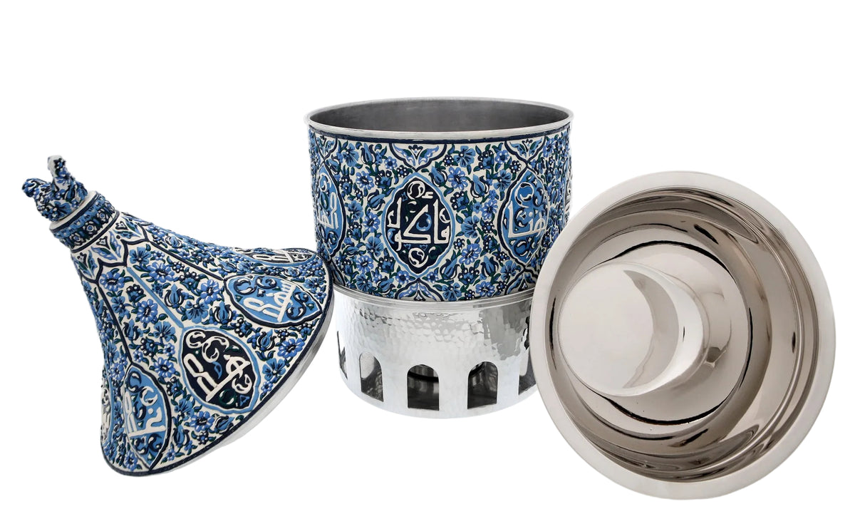 Heater Round Hand Hammered Aluminum with Blue Handmade Enamels with Stainless Steel Insert + Candle base Aluminum Arches
