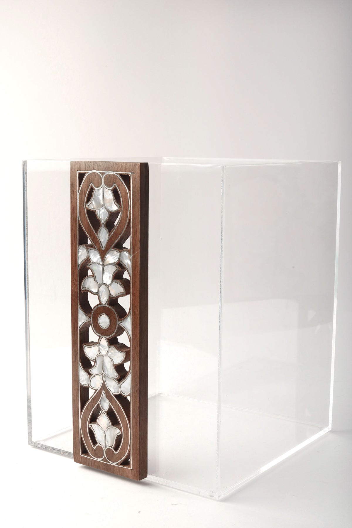 Garbage Bin Plexi with Band Solid Walnut Wood with Inlay Seashell Mother of Pearl(D20W20H25cm)