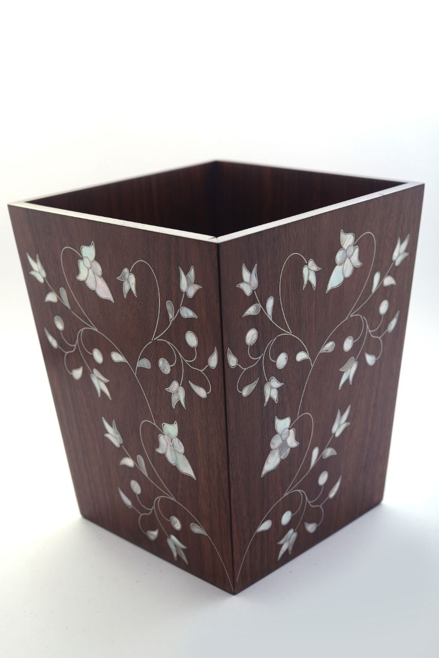 Garbage Bin Solid Walnut Wood with Inlay Seashell Mother of Pearl( D25W25H30cm)