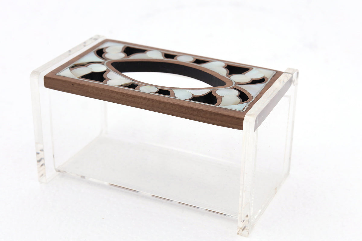 Tissue Box Mini Plexi with Cover Solid Walnut Wood with Inlay Seashell Mother of Pearl (D13.5W7H6cm)