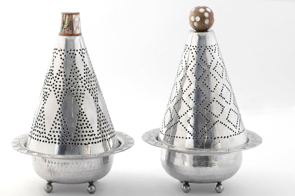 Mabkhara Pyramid Hand Hammered Aluminum with Handle Solid Walnut Wood with Inlay Seashell Mother of Pearl and Tin(D19H30cm)