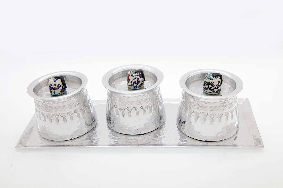 Set Tray (42*15cm)+ 3 Small Casseroles(D10cm) Hand Hammered Aluminum