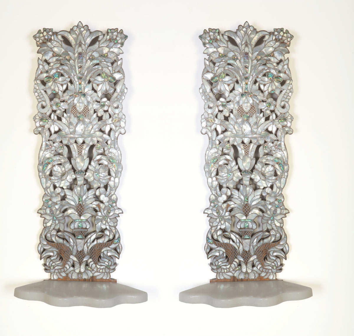 Pair of Shelves Perforated Solid Walnut Wood Inlay Seashell Mother Of Pearl With Tin + Marble