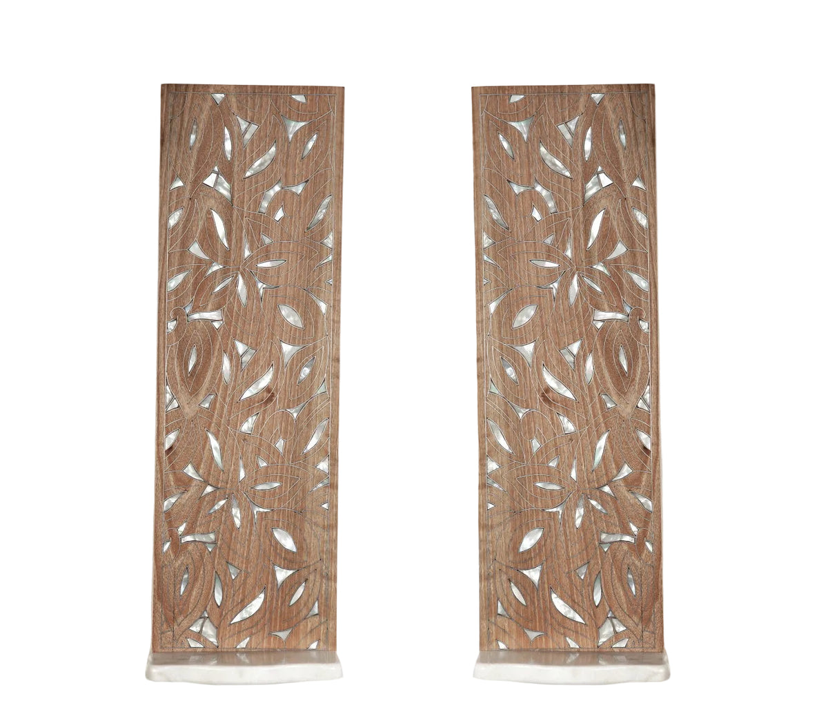 Pair of Shelves Solid Walnut Wood Inlay Seashell Mother Of Pearl With Tin + Marble