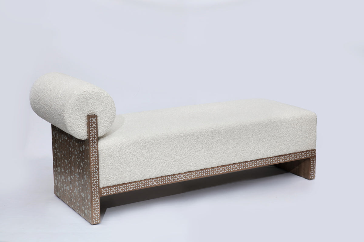 Bench Solid Walnut Wood Inlay Seashell Mother Of Pearl With Tin + Upholstery