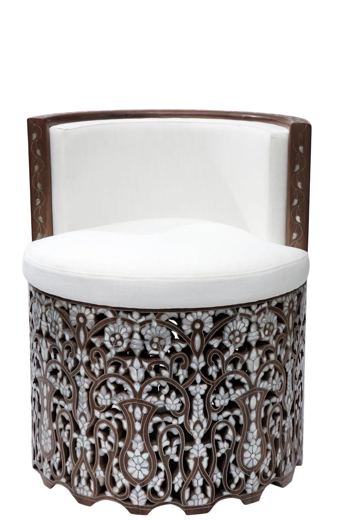 Arm Chair Perforated Solid Walnut Wood Inlay Seashell Mother Of Pearl With Tin + Upholstery