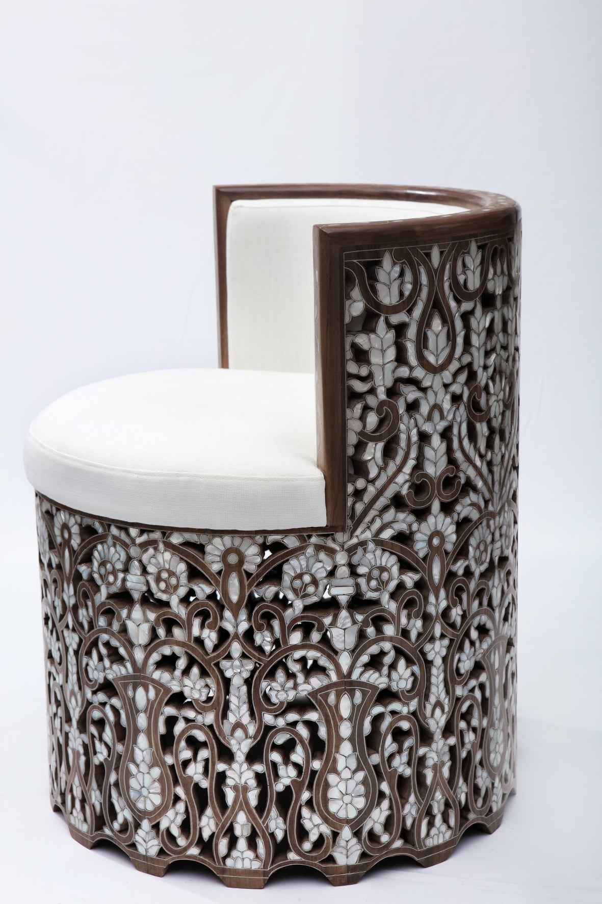 Arm Chair Perforated Solid Walnut Wood Inlay Seashell Mother Of Pearl With Tin + Upholstery