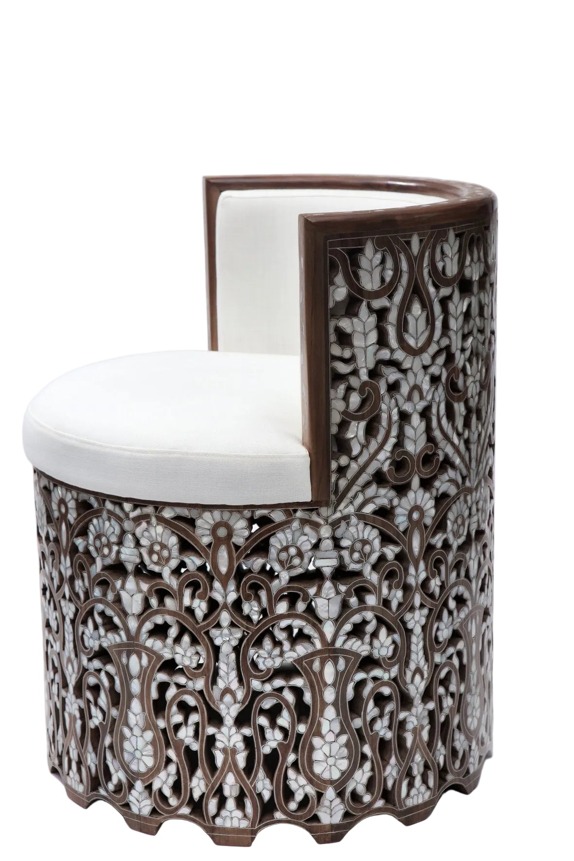 Arm Chair Perforated Solid Walnut Wood Inlay Seashell Mother Of Pearl With Tin + Upholstery