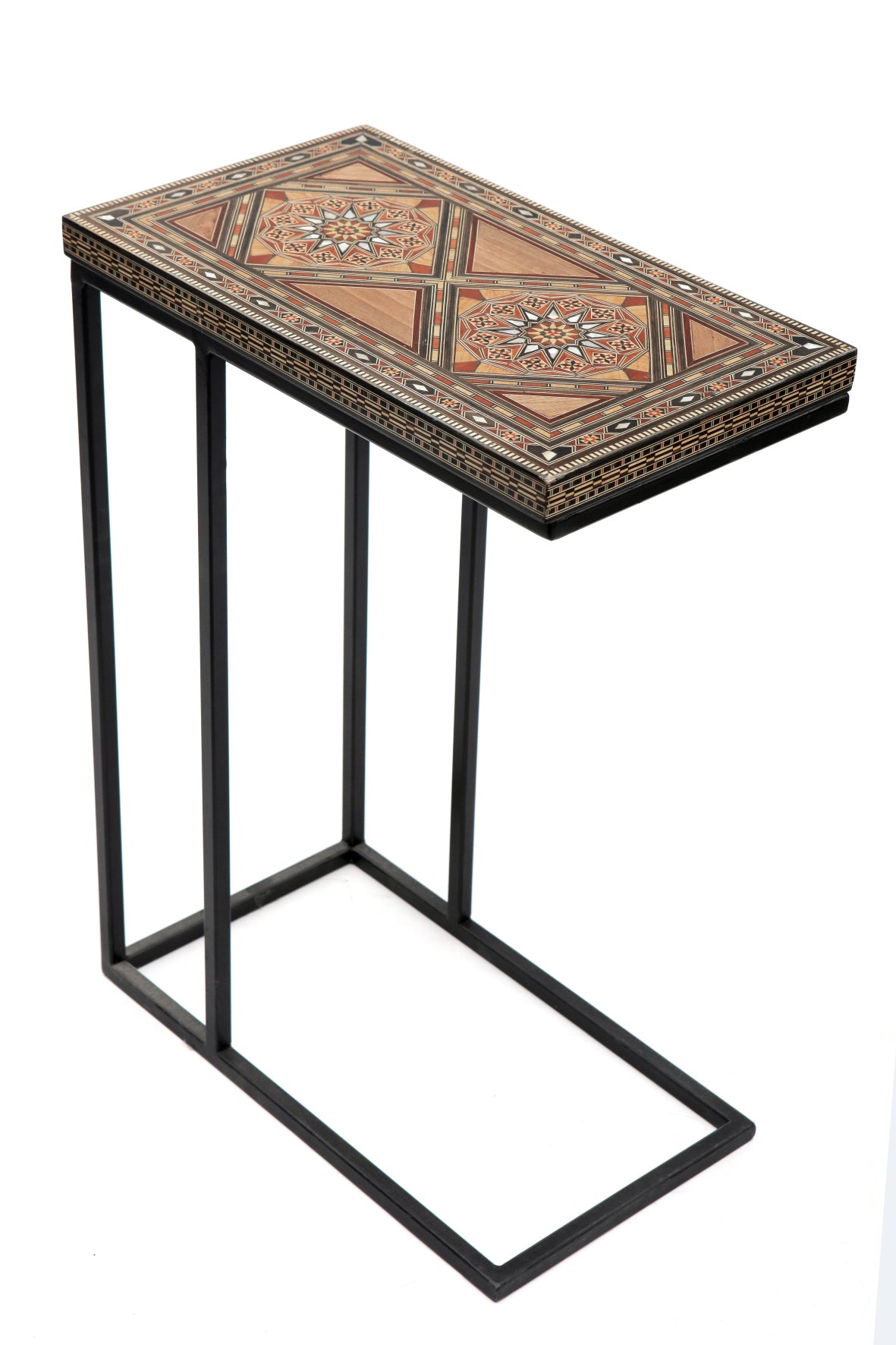 Table C Shape Natural Wood Marquetry Mosaic With Metal Base