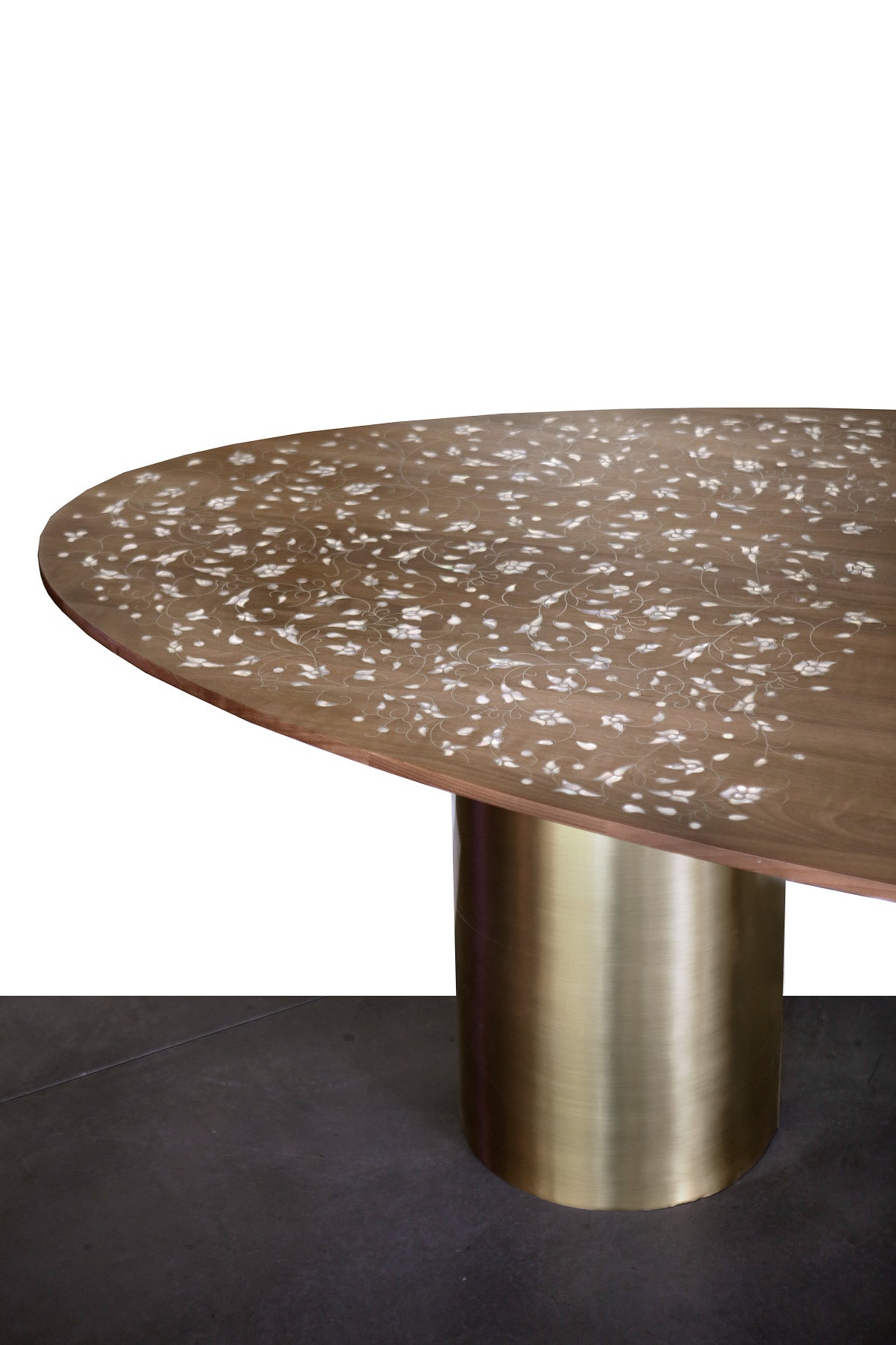 Dining Table Oval Solid Walnut Wood Inlay Seashell Mother Of Pearl With Tin With Base Brass