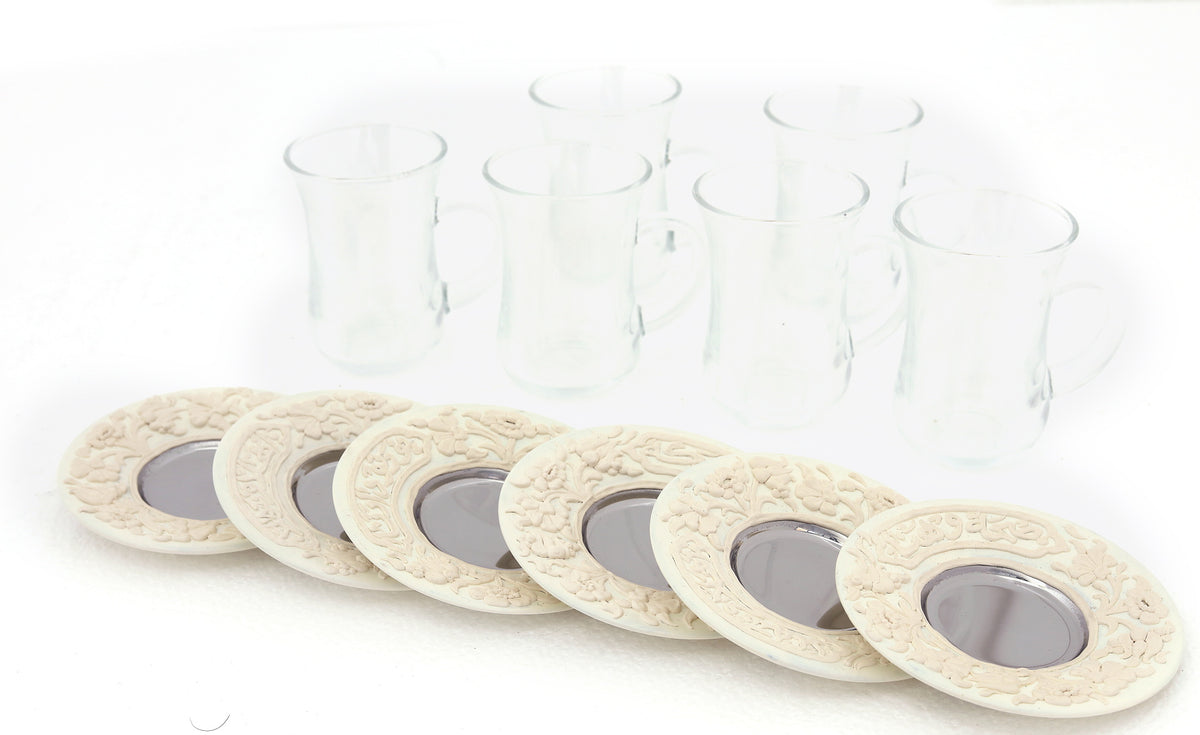 Tea Glass + Plate Hand Hammered Aluminum with White Handmade Enamel SS Small (6pcs)