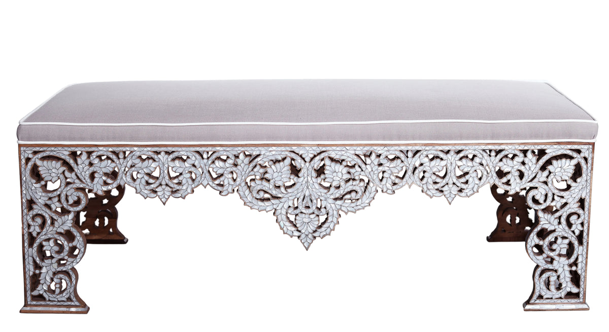 Bench With Base Perforated Solid Walnut Wood Inlay Seashell Mother Of Pearl With Tin + Upholstery