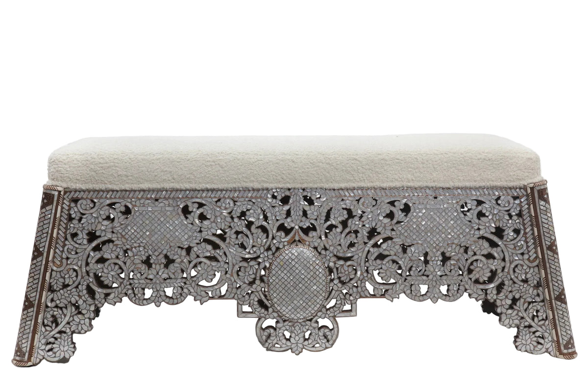 Bench With Base Perforated Solid Walnut Wood Inlay Seashell Mother Of Pearl With Tin + Upholstery