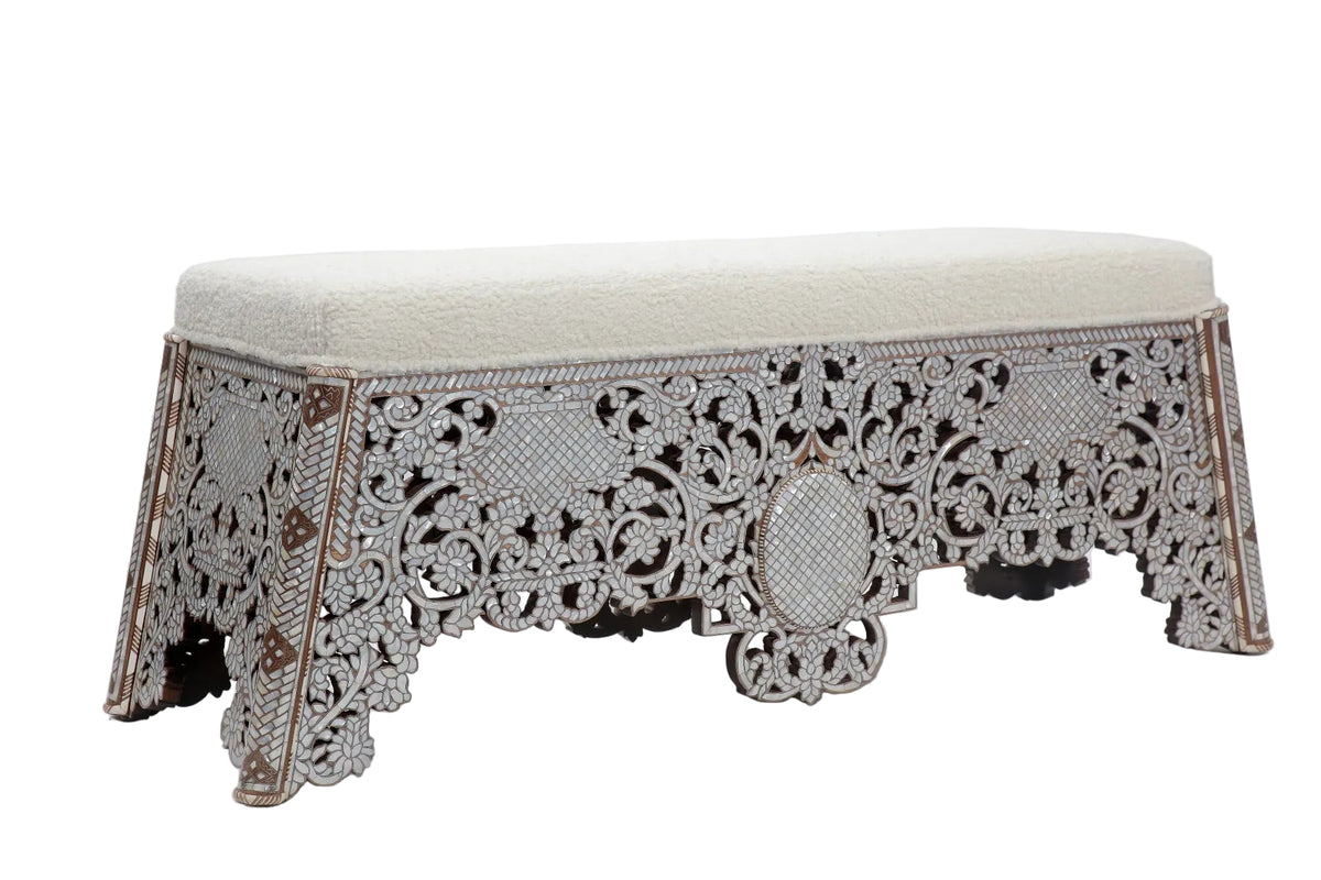 Bench With Base Perforated Solid Walnut Wood Inlay Seashell Mother Of Pearl With Tin + Upholstery