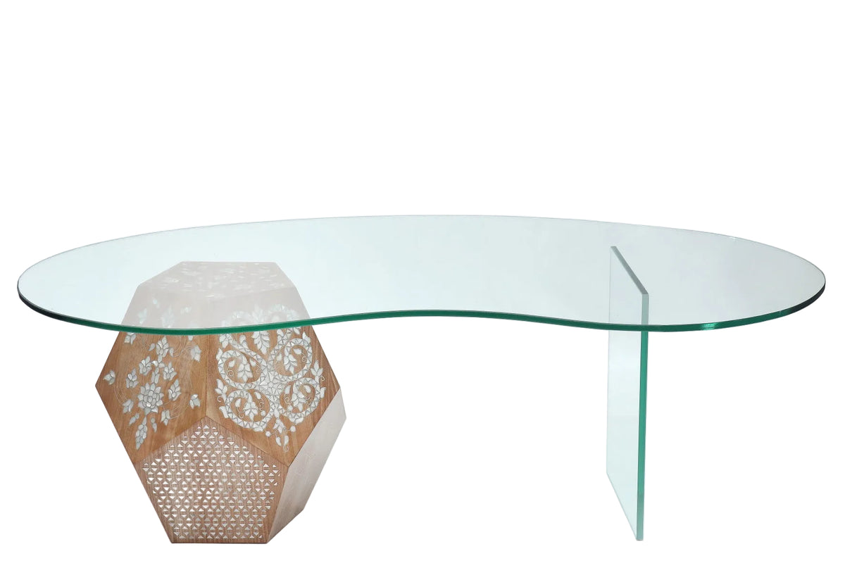 Table Base Hexagonal Solid Walnut Wood Inlay Seashell Mother Of Pearl With Tin With Glass Top