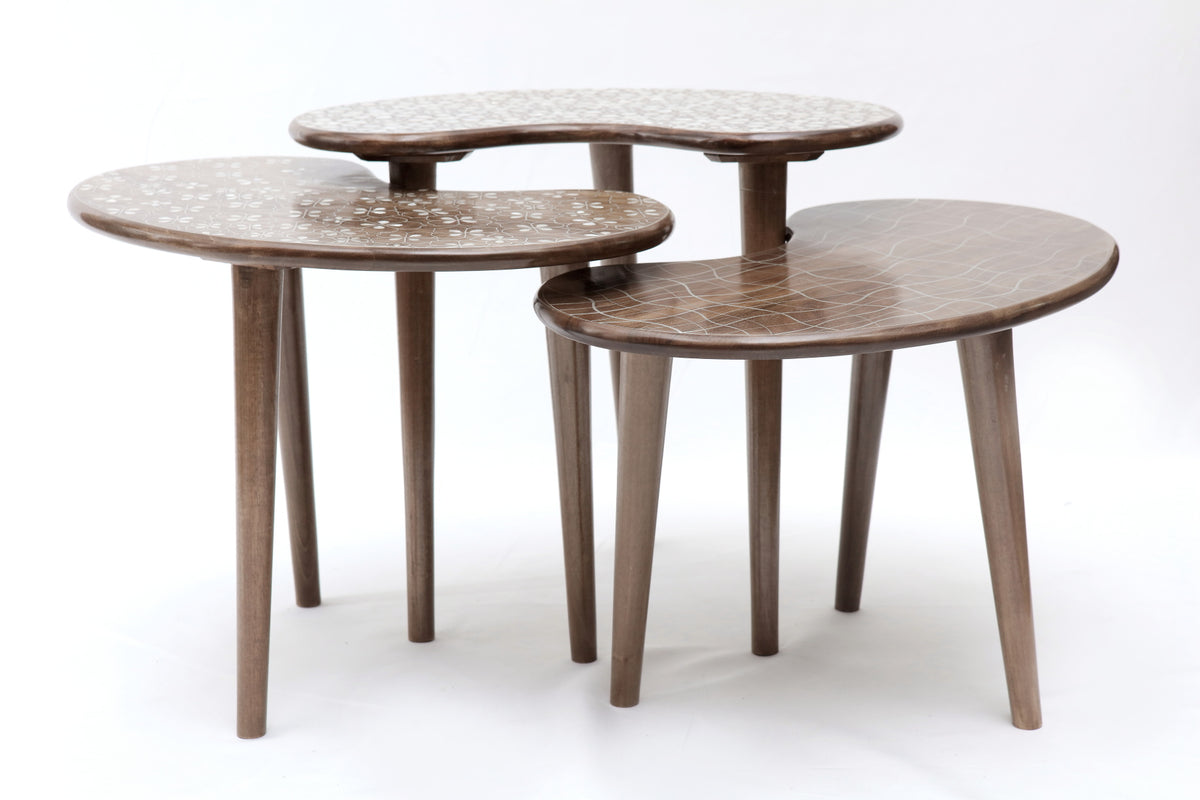 Bean Table Set of 3pcs Solid Walnut Wood Inlay Seashell Mother Of Pearl With Tin