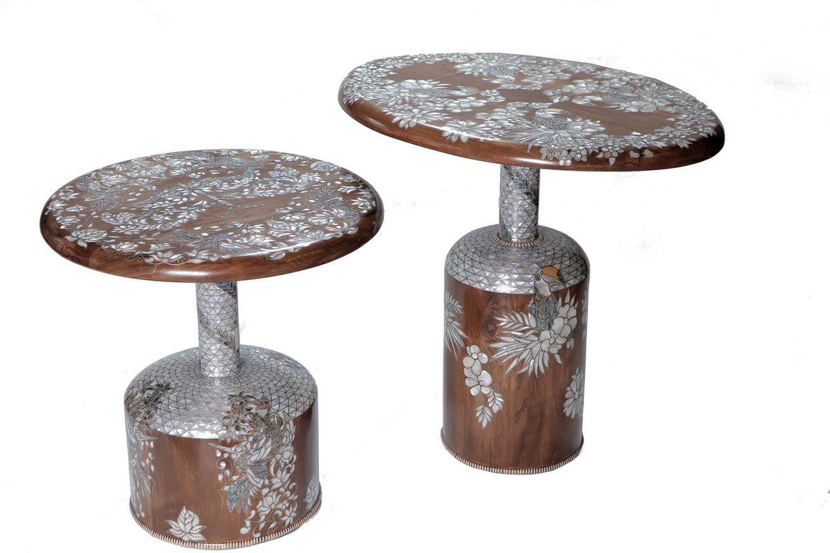 Side Table Jungle Solid Walnut Wood Inlay Seashell And Turtle shell Mother Of Pearl With Tin