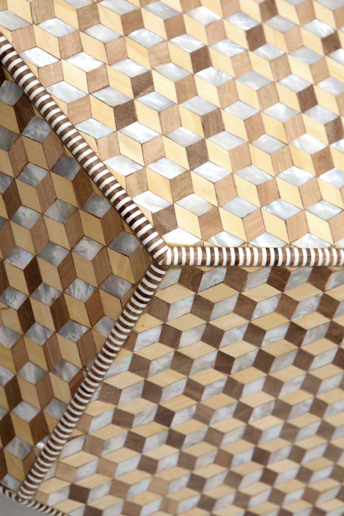 Table Base Hexagonal Wood Marquetry with Inlay Seashell Mother Of Pearl With Glass Top