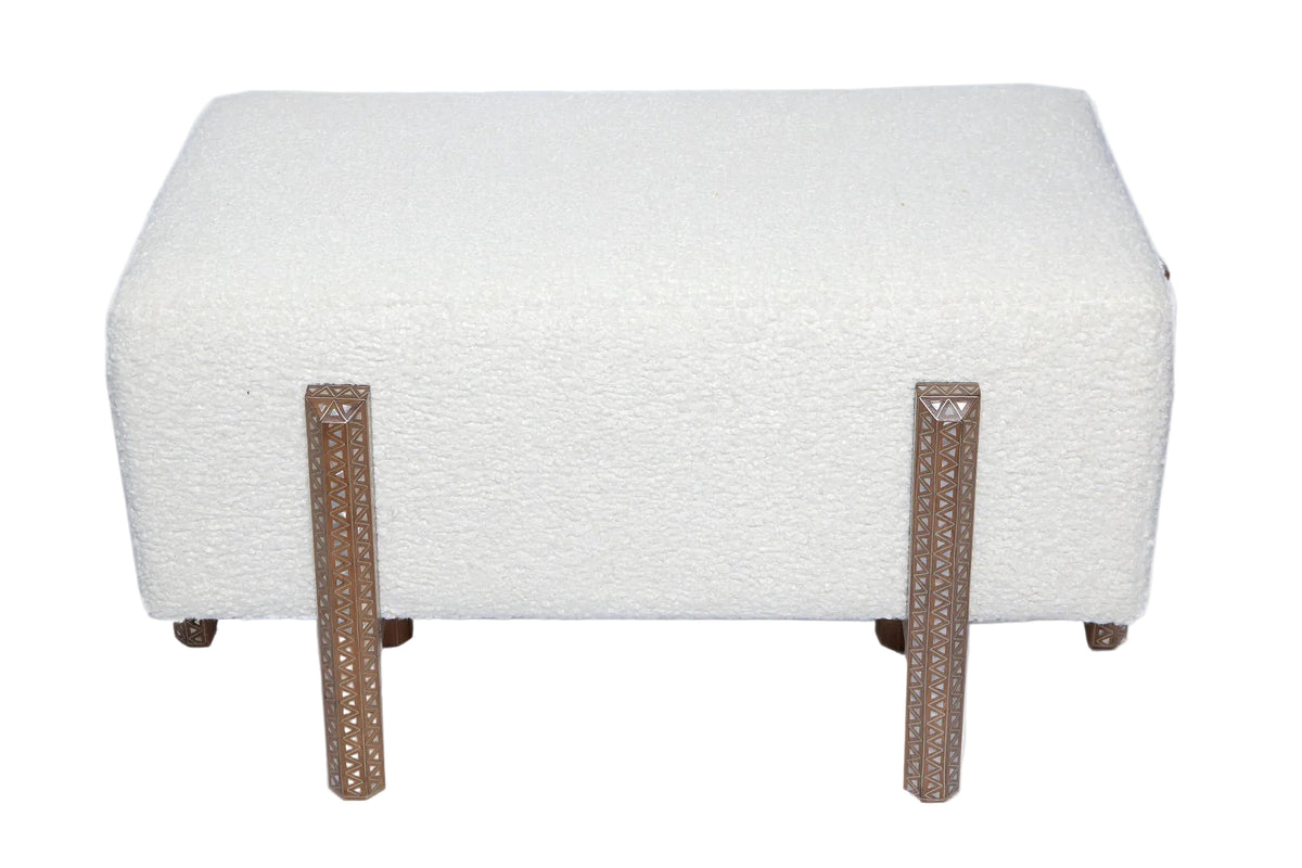 Bench Rectangular With 6 Edges Solid Walnut Wood Inlay Seashell Mother Of Pearl With Tin + Upholstery