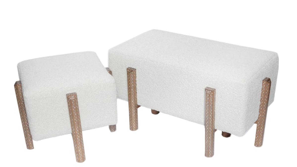 Bench Rectangular With 6 Edges Solid Walnut Wood Inlay Seashell Mother Of Pearl With Tin + Upholstery