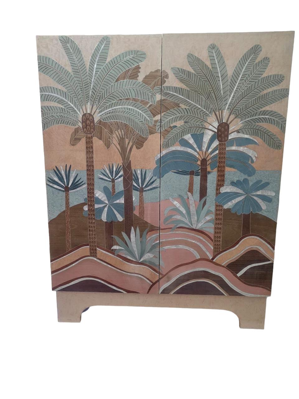 Cabinet Colored Marquetry With Inlay Seashell Mother Of Pearl With Tin