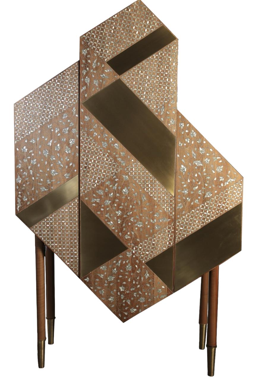 Cabinet Destructed Solid Walnut Wood Inlay Seashell Mother Of Pearl With Tin With Brass