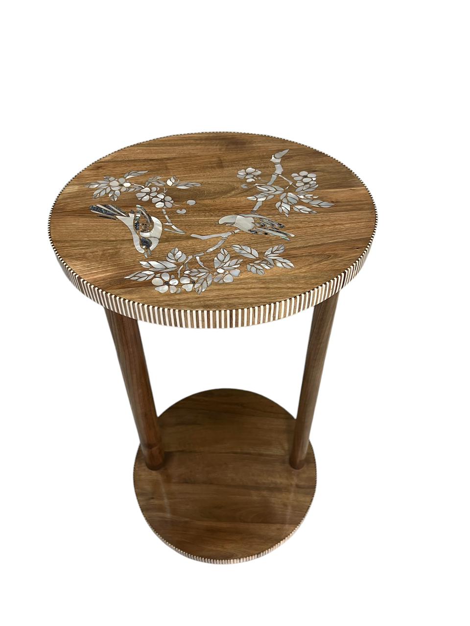 Side Table Solid Walnut Wood Inlay Seashell Mother Of Pearl With Tin With Two Columns