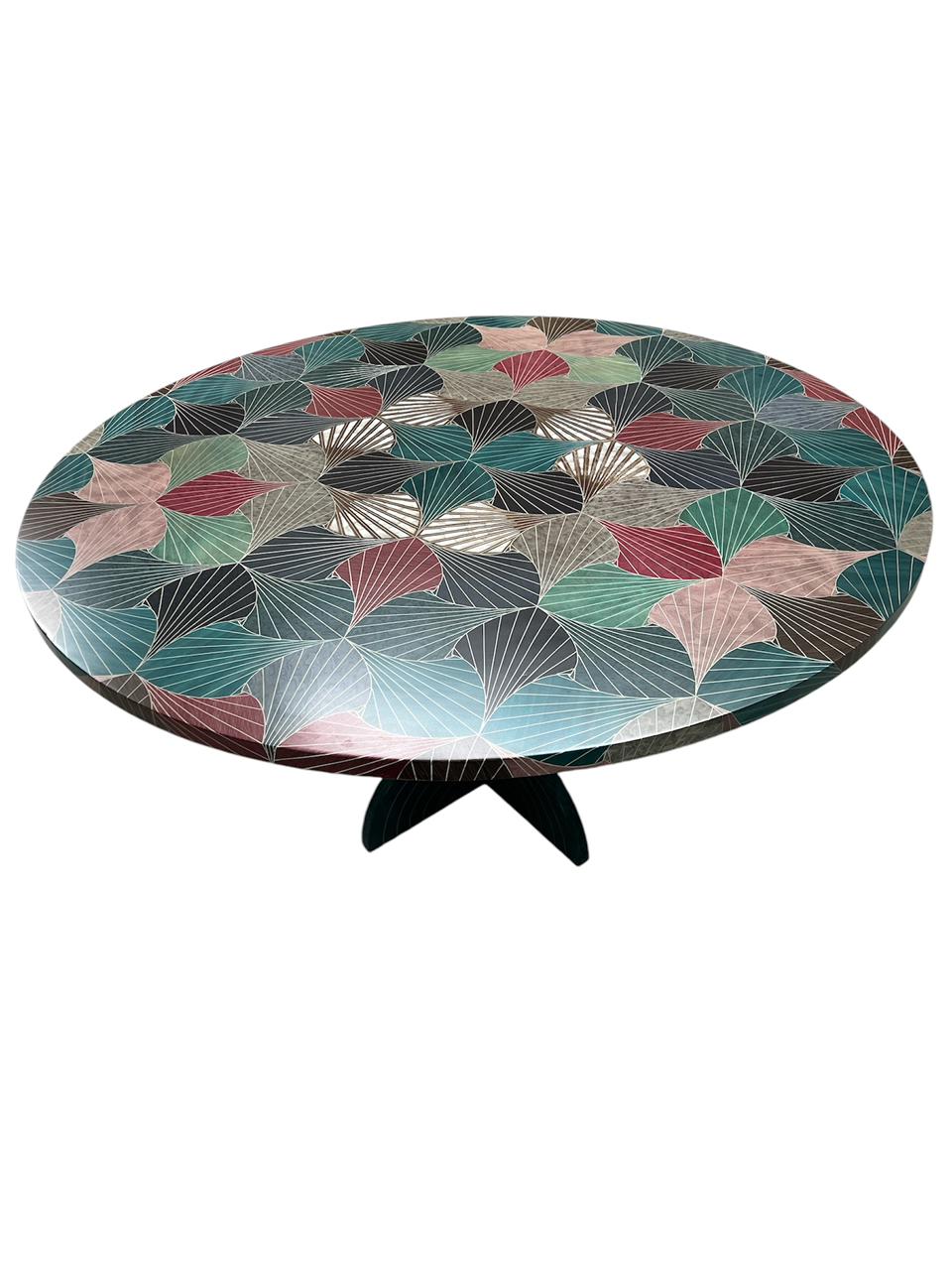 Table Round Colored Marquetry With Inlay Seashell Mother Of Pearl With Tin