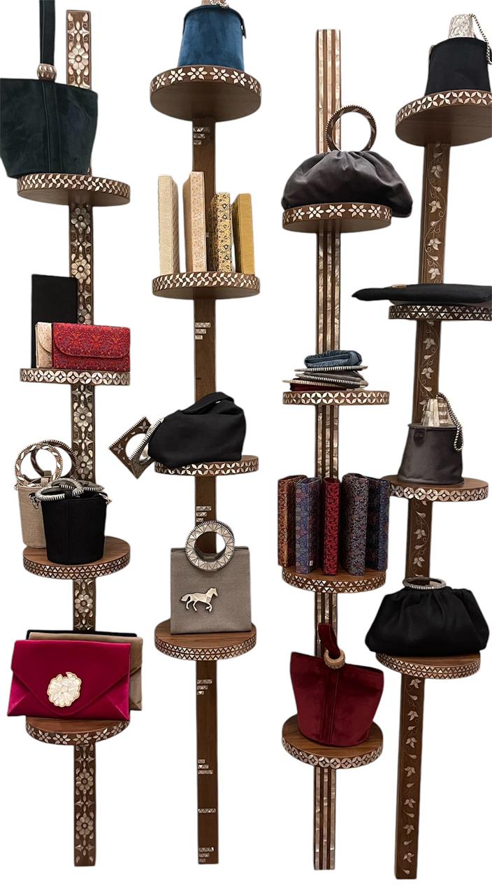 Panel Set + Shelves Solid Walnut Wood Inlay Seashell Mother Of Pearl With Tin ( 4 columns with 4 shelves Each )