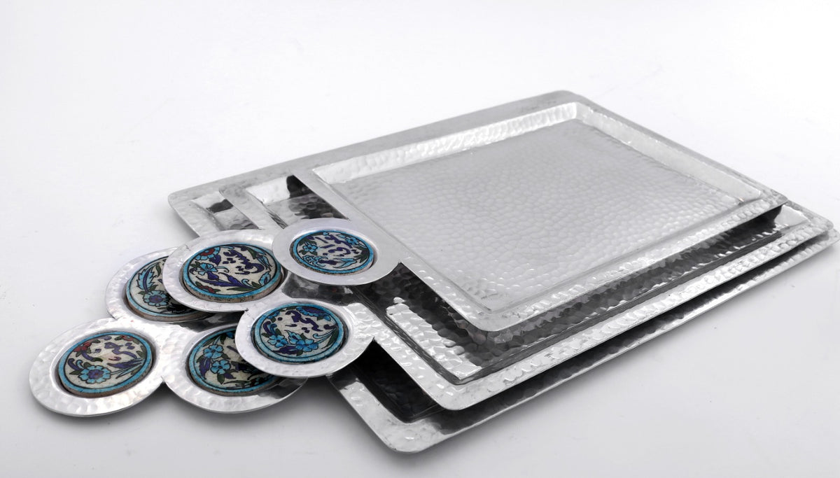 Set 3Trays Hand Hammered Aluminum with Qishani (39*20cm) (46*26cm) (56*31cm)