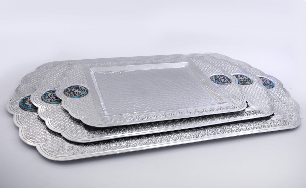 Set 3 Trays Rectangle Crown Hand Hammered Aluminum with Qishani (41*27cm) (57*35cm) (62*42cm)