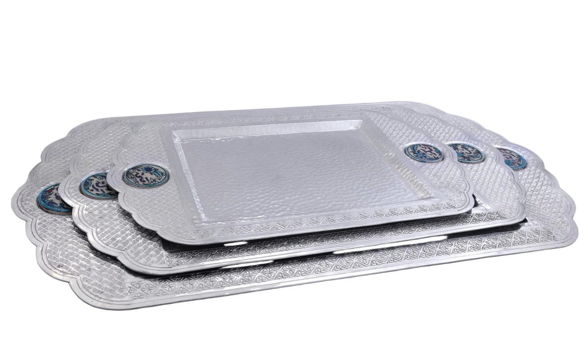Set 3 Trays Rectangle Crown Hand Hammered Aluminum with Qishani (41*27cm) (57*35cm) (62*42cm)