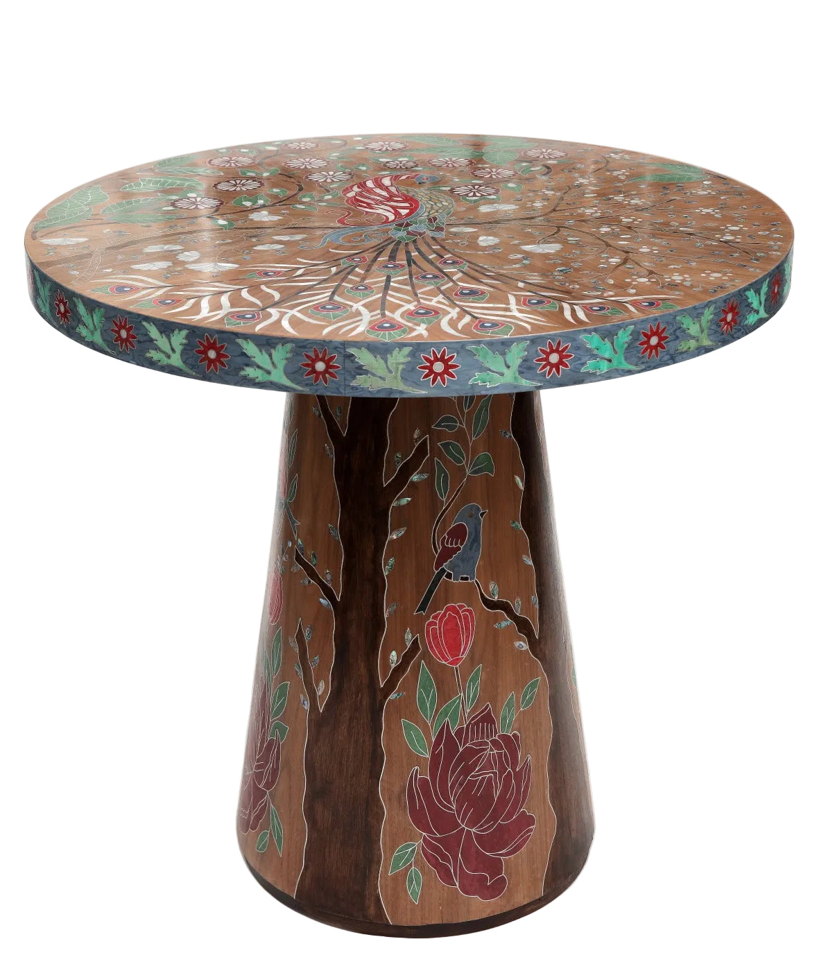 Table Round Colored Marquetry With Inlay Seashell Mother Of Pearl With Tin