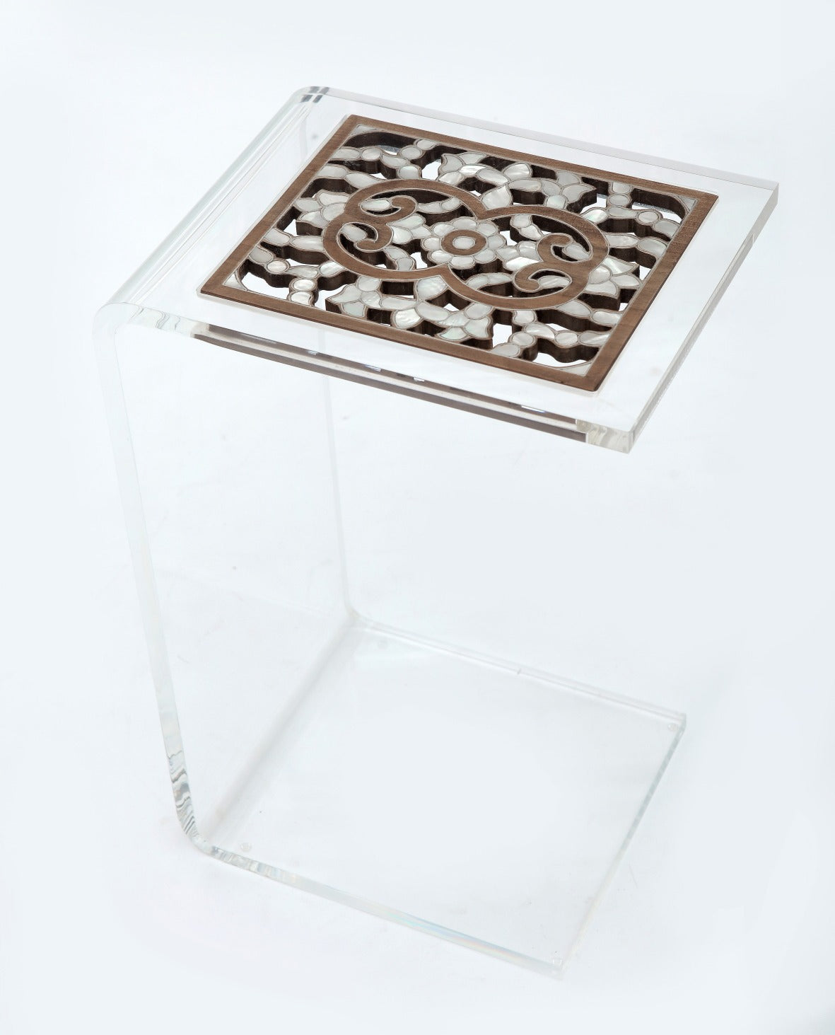 Table C Shape Top Perforated Solid Walnut Wood Inlay Seashell Mother Of Pearl With Tin And Plexi Base