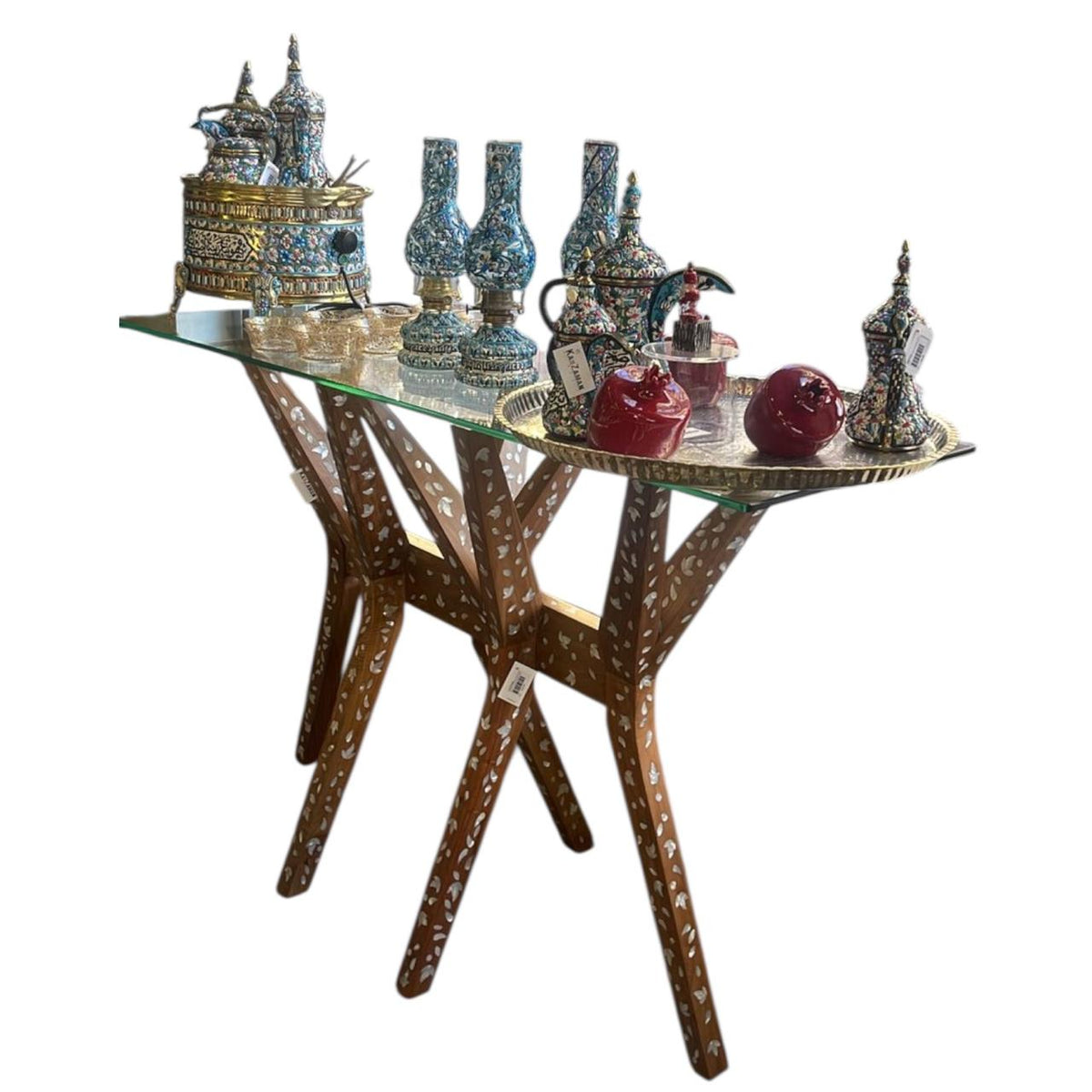 Console Multi Legs Solid Walnut Wood Inlay Seashell Mother Of Pearl With Tin