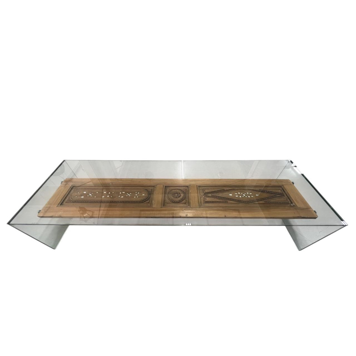 Coffee Table Glass With Antic Door Wood With Inlay Seashell Mother Of Pearl and Tin