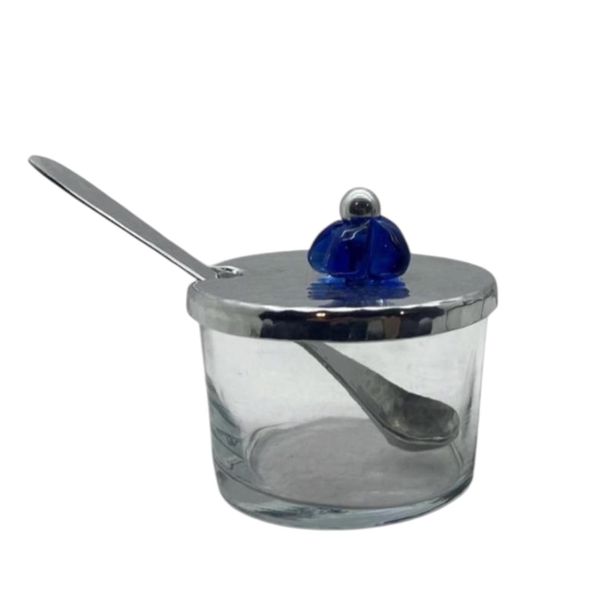 Sugar Bowl Glass with Cover Hammered Aluminium with Hand Blown Glass on Top+ Spoon