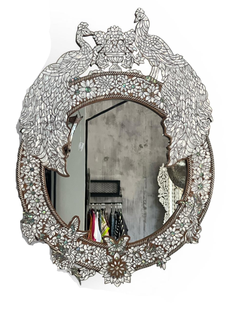 Mirror Oval Perforated Solid Walnut Wood Full Inlay Seashell Mother Of Pearl With Tin + Peacock Colored