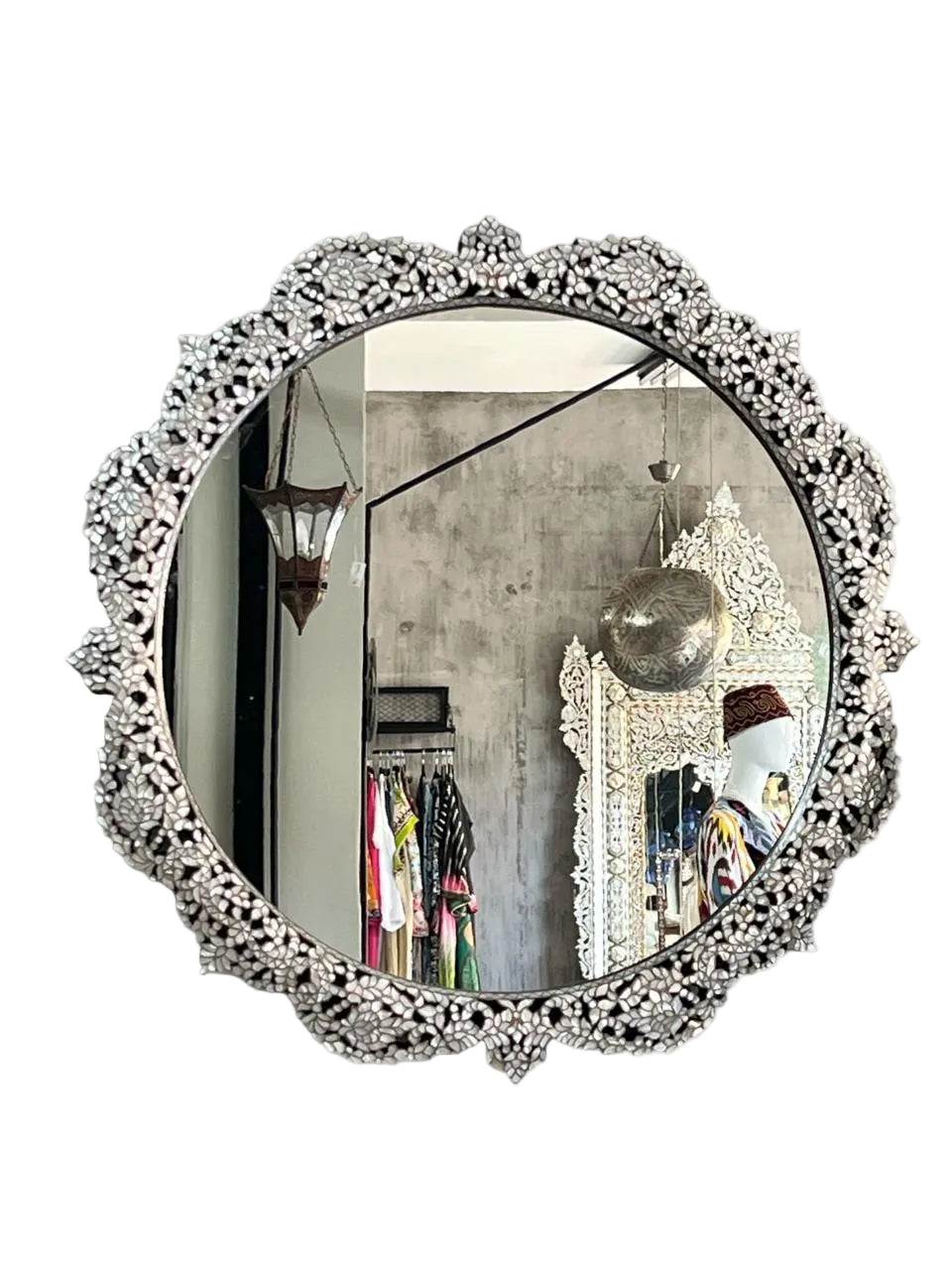 Mirror Round Perforated Solid Walnut Wood Full Inlay Seashell Mother Of Pearl With Tin